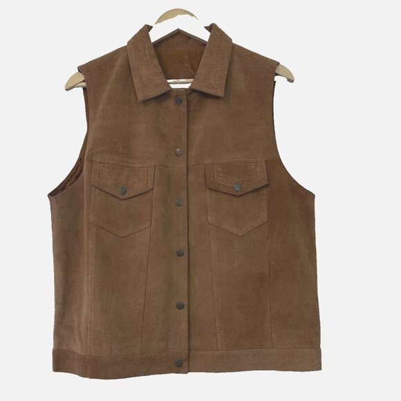 Vintage Women PLUS Brown Genuine Leather Boho Festival Western Stitched Vest - Picture 1 of 4